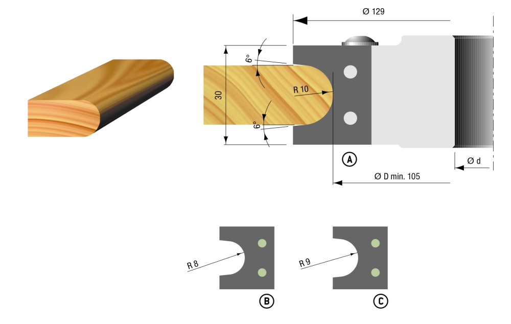 Flury-Systems Halbstabfräser 134x30x30 Mm Z2 – R 8–10 Mm – VHM-Hartmetall Für Die Holzbearbeitung
